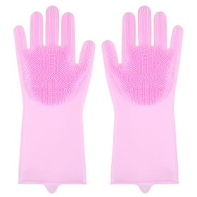 1 Pair Gloves Kitchen Silicone Cleaning Gloves Magic Dish Washing for Household Scrubber Rubber Kitchen Clean Tool (Color: Pink)